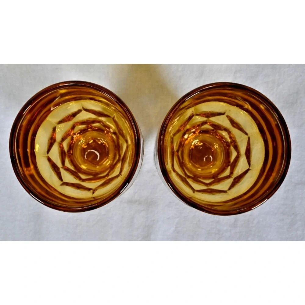 Set of 2 Vintage 1960 Anchor Hocking Georgian Paneled Tumblers Amber Gold 10 oz